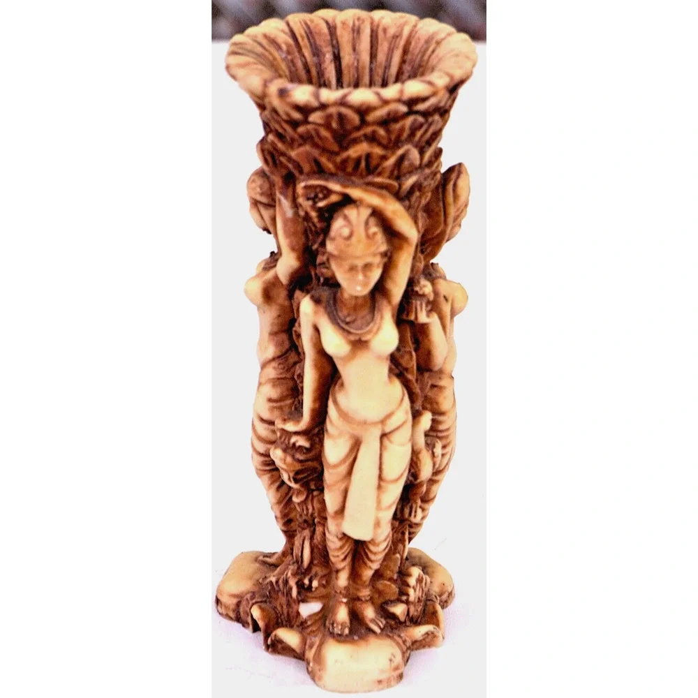 Carved Ethnic Art Vase Decorated in Plants Animals & Dancing Topless Ladies